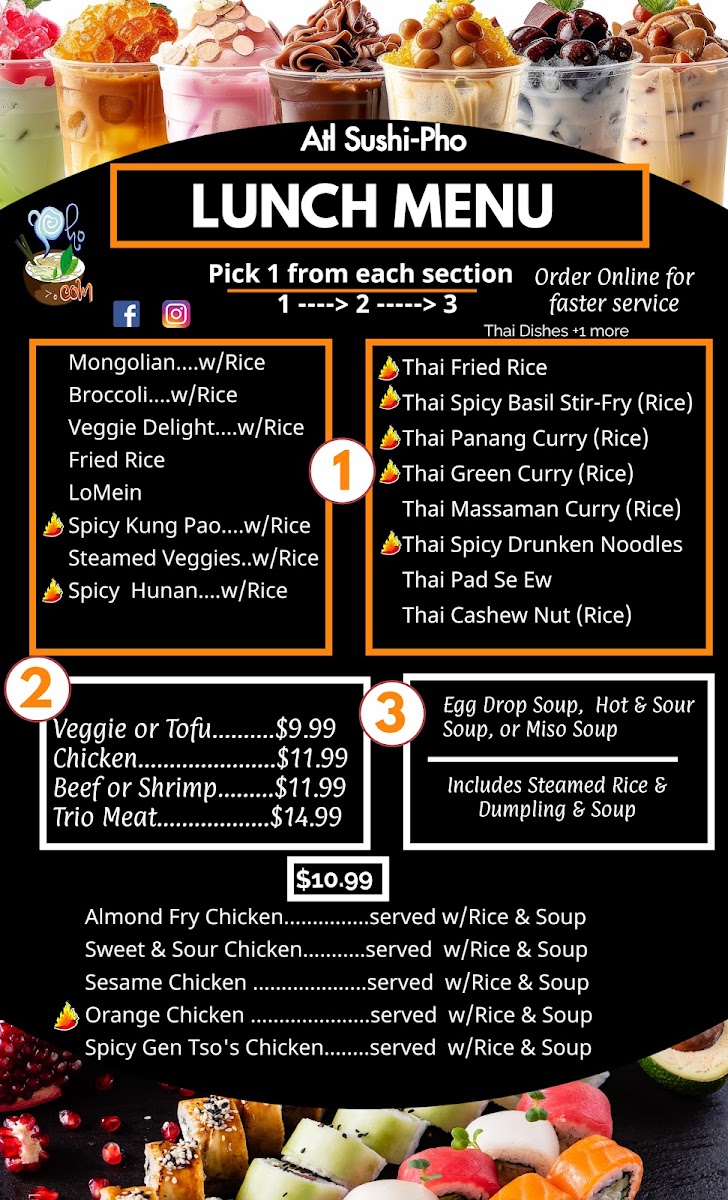ATL sushi hibachi and pho (Thai Chinese Pho Hibachi sushi ) menu board