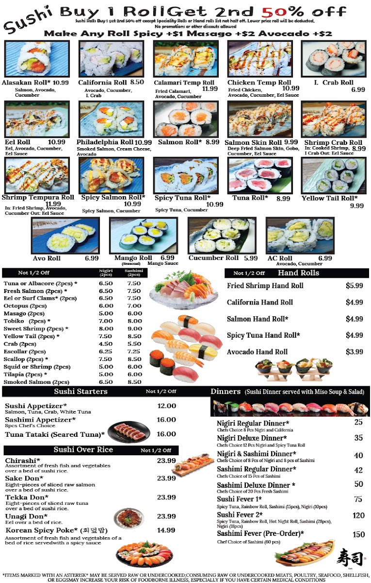 ATL sushi hibachi and pho (Thai Chinese Pho Hibachi sushi ) menu board