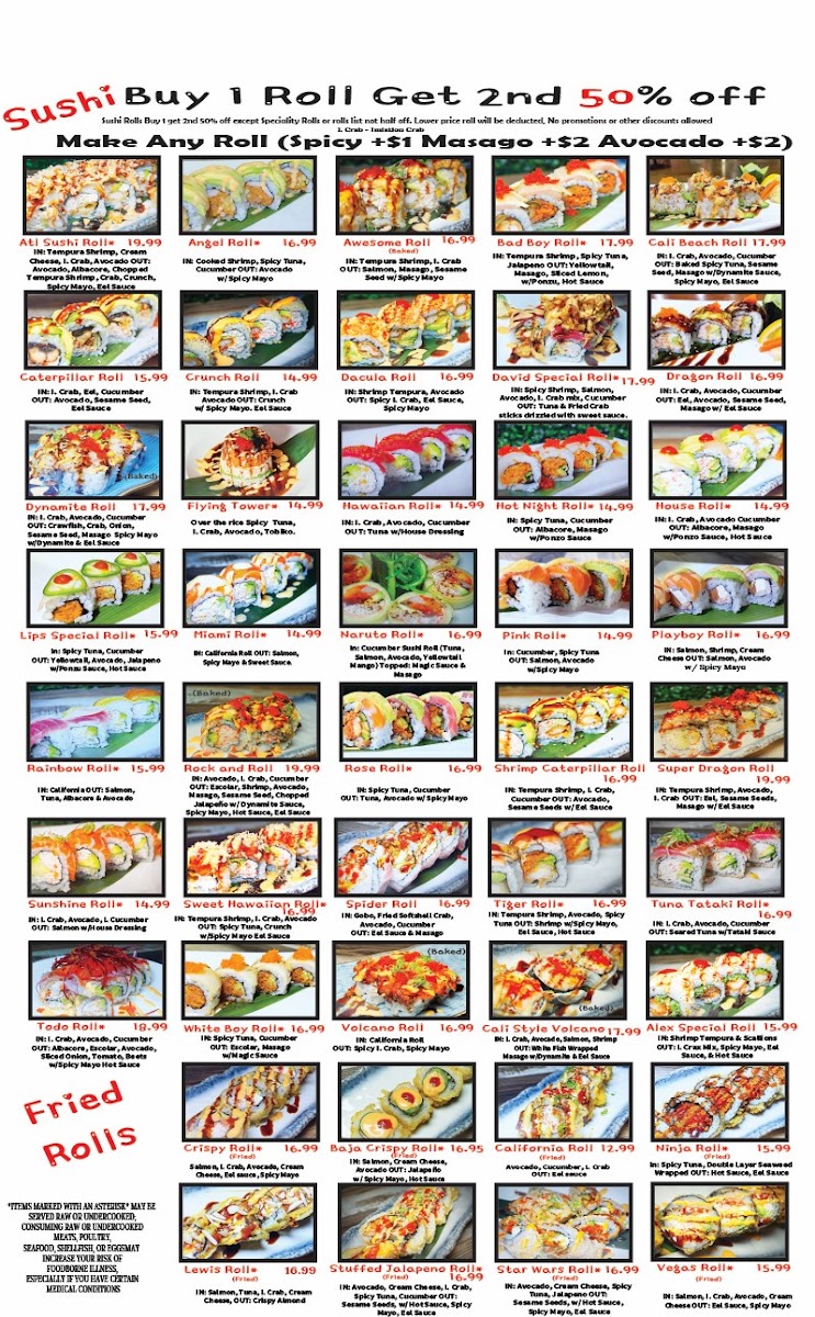 ATL sushi hibachi and pho (Thai Chinese Pho Hibachi sushi ) menu board