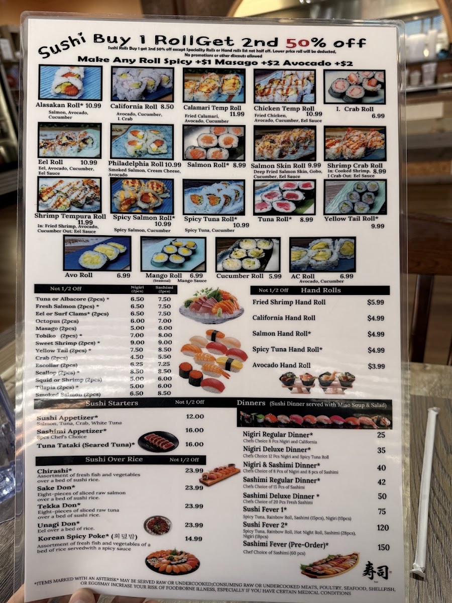 ATL sushi hibachi and pho (Thai Chinese Pho Hibachi sushi ) menu board