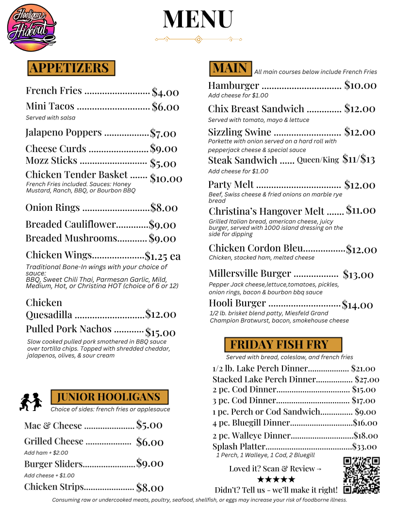 Hooligans' Hideout menu board