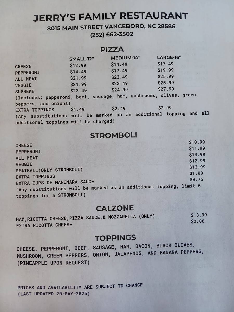 Jerry's Family Restaurant menu board