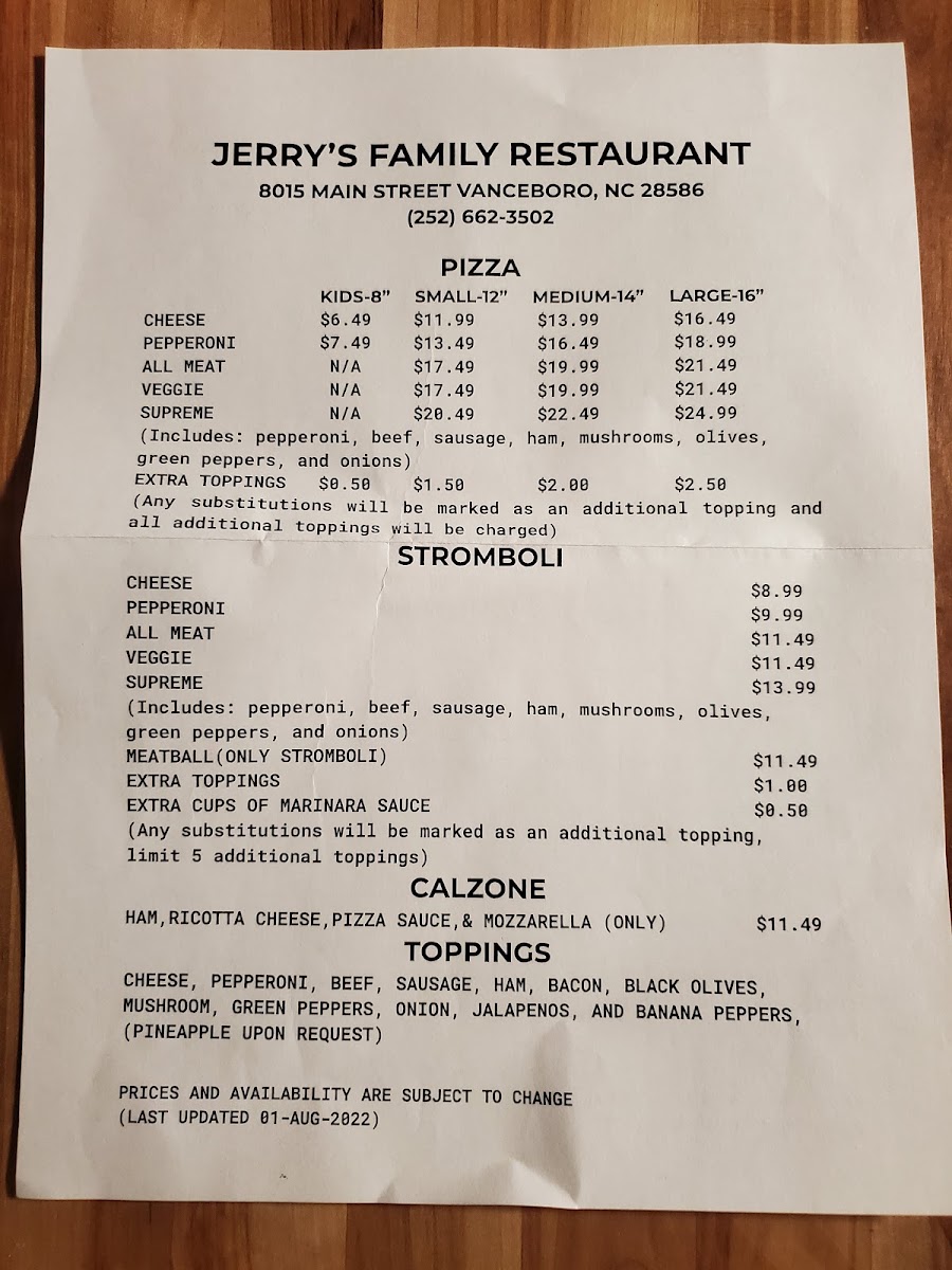 Jerry's Family Restaurant menu board