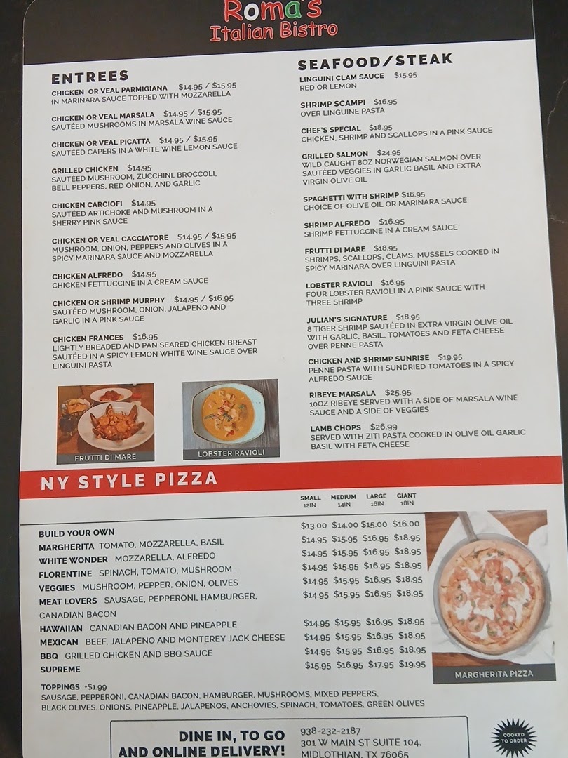 Roma's Italian Bistro of Midlo menu board