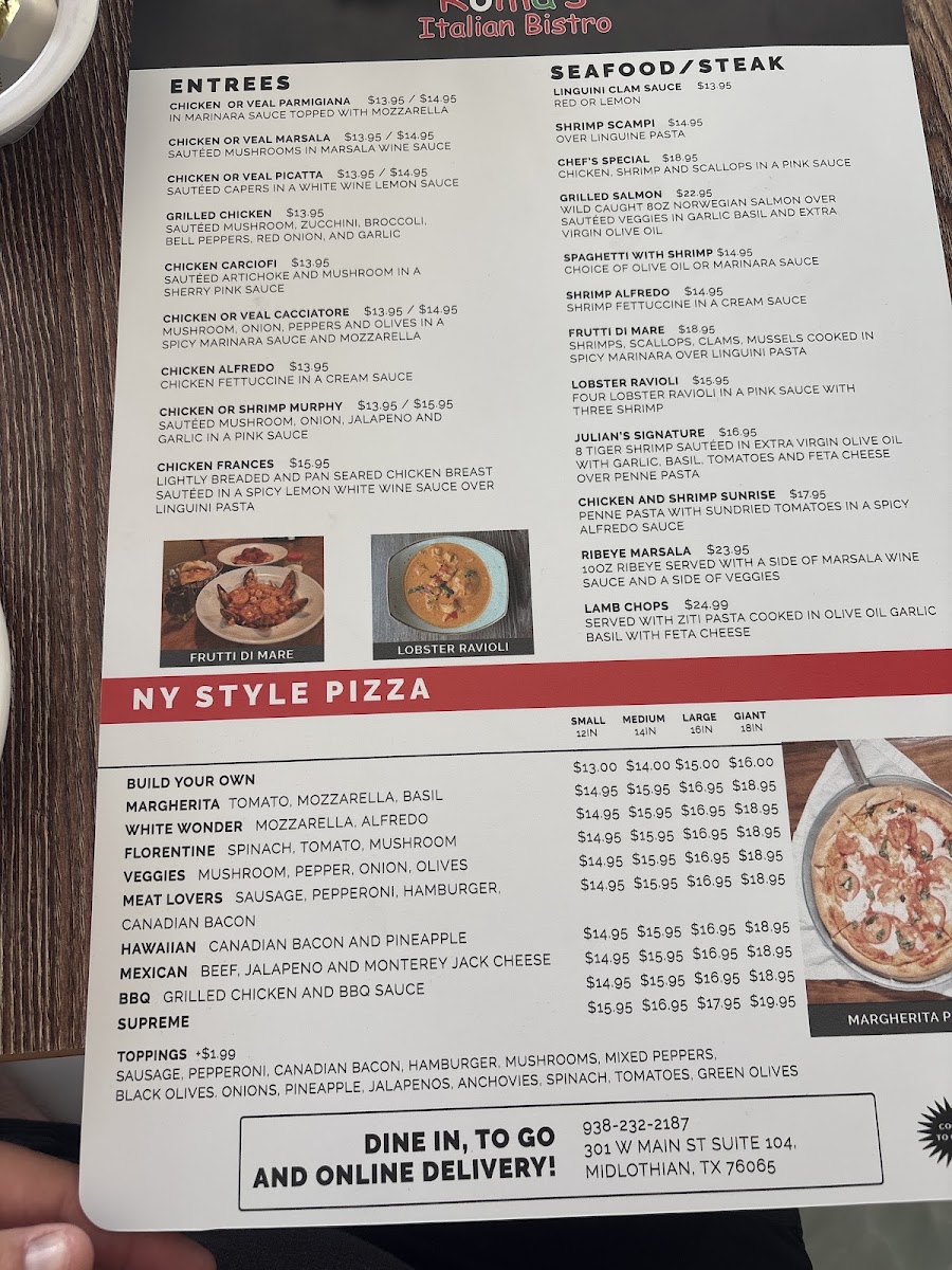 Roma's Italian Bistro of Midlo menu board