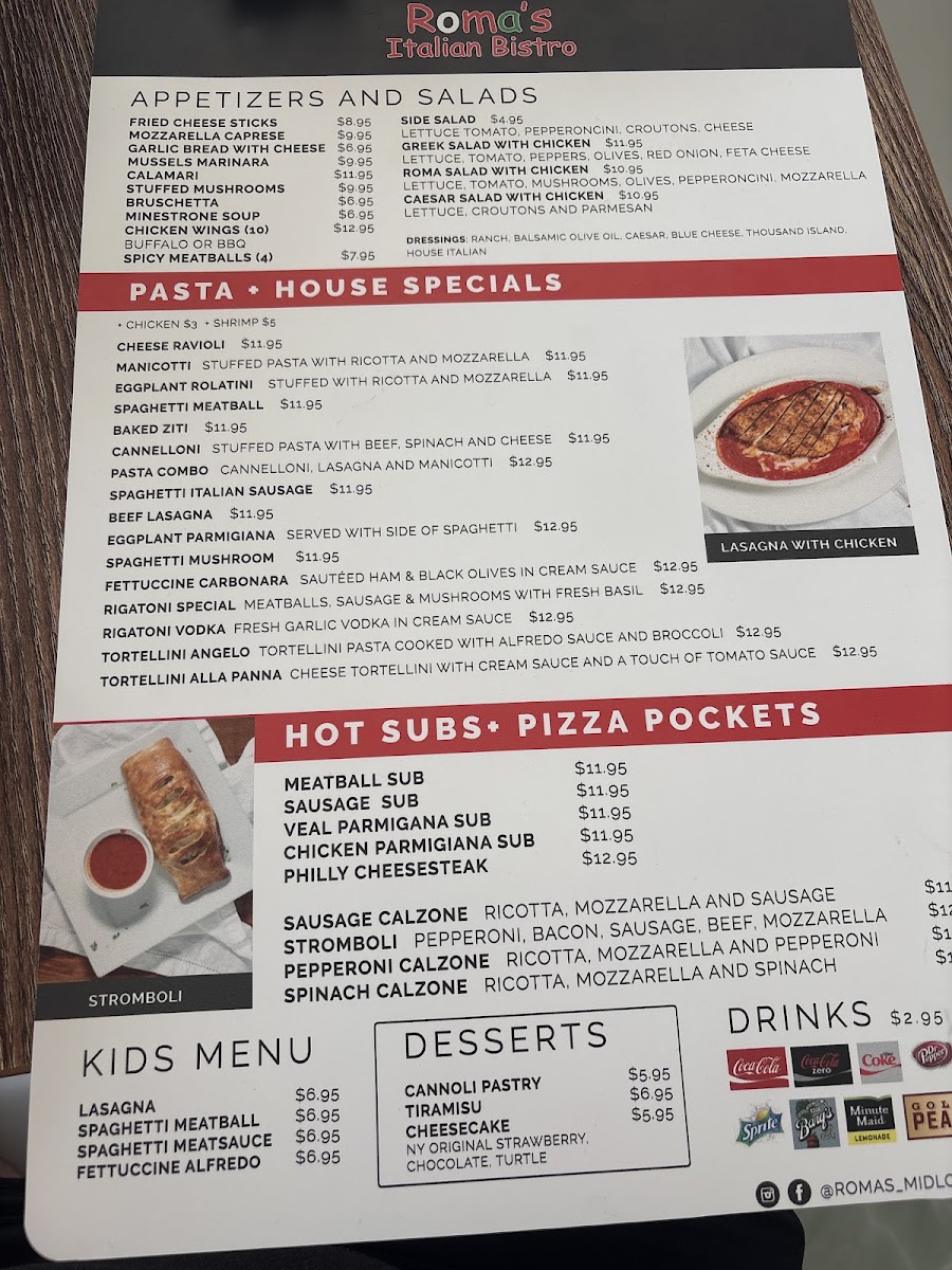 Roma's Italian Bistro of Midlo menu board