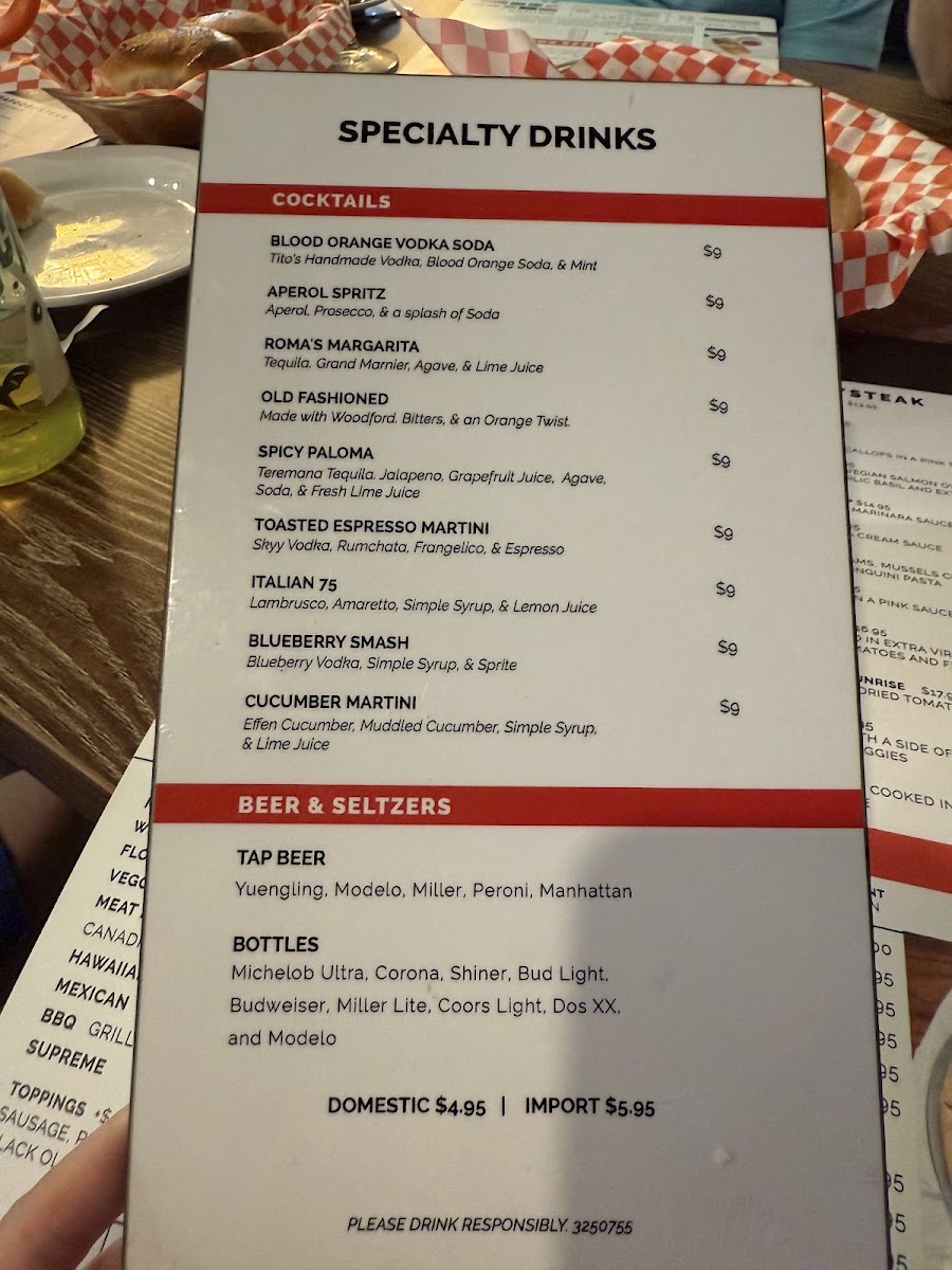 Roma's Italian Bistro of Midlo menu board