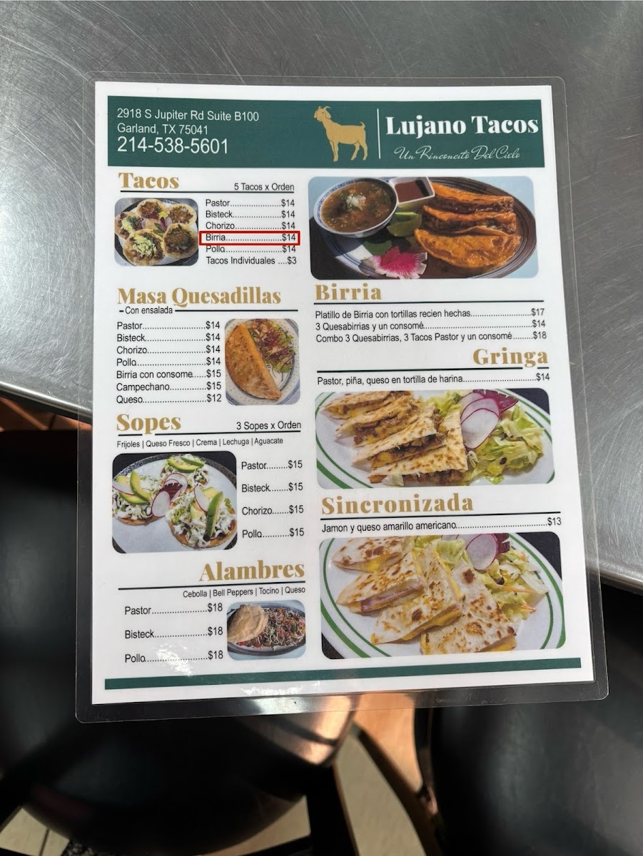 Lujano Tacos menu board