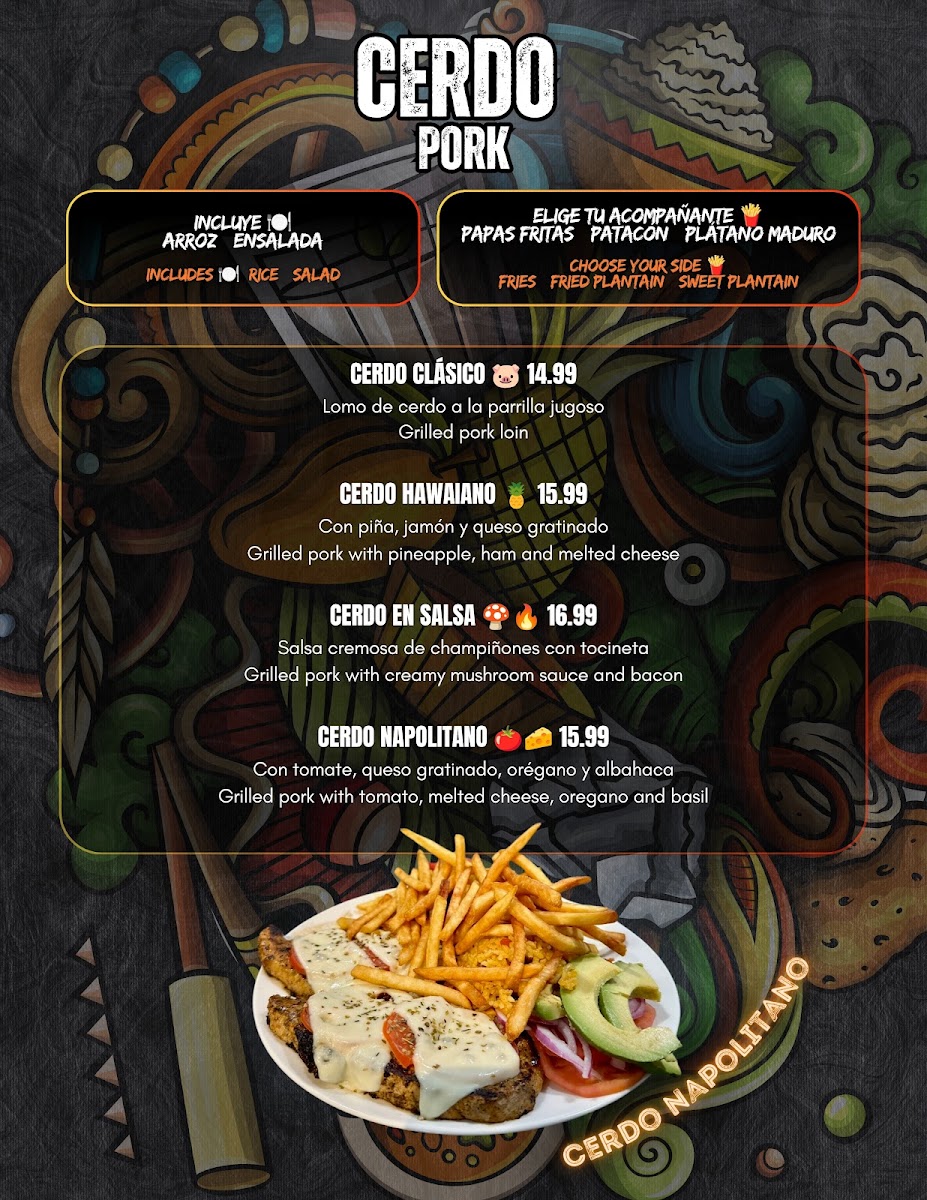Fire and Flavors menu board