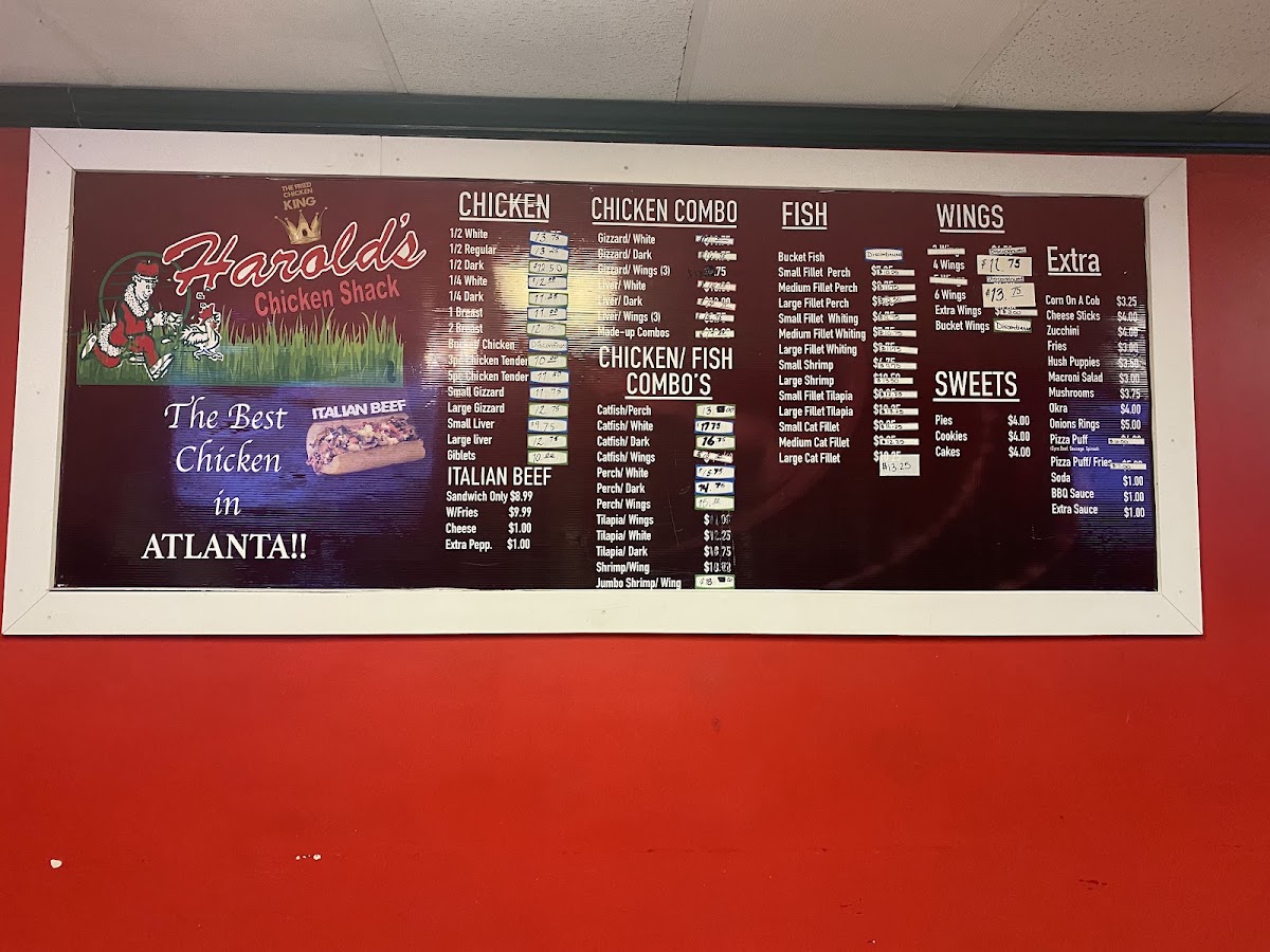 Harold's Chicken Shack menu board