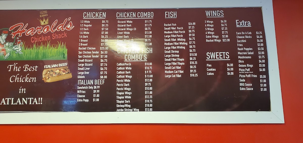 Harold's Chicken Shack menu board