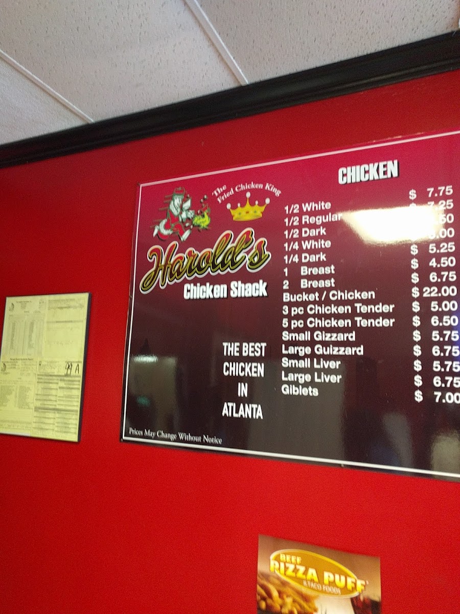 Harold's Chicken Shack menu board