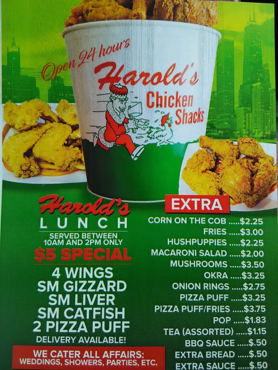 Harold's Chicken Shack menu board