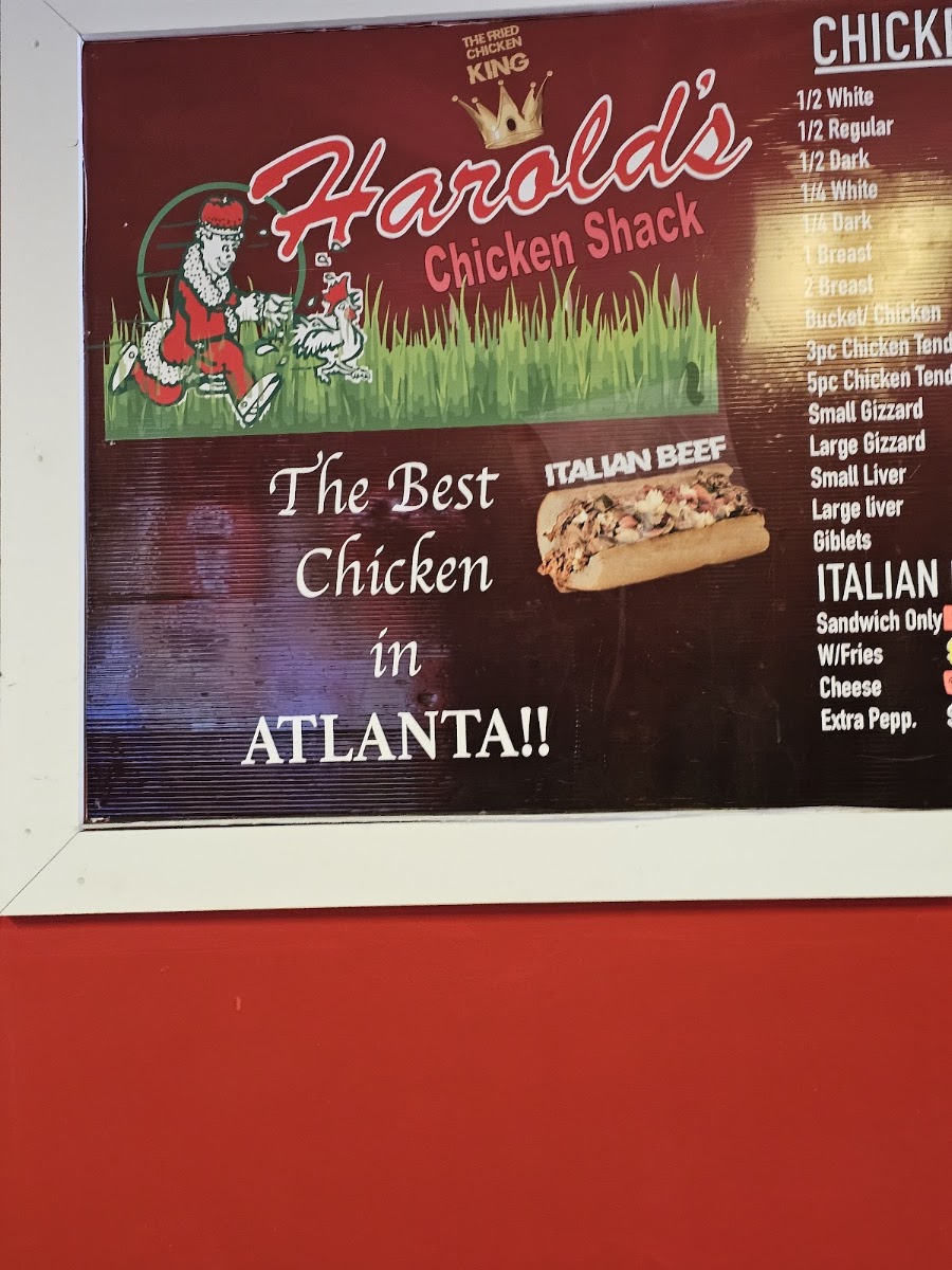 Harold's Chicken Shack menu board