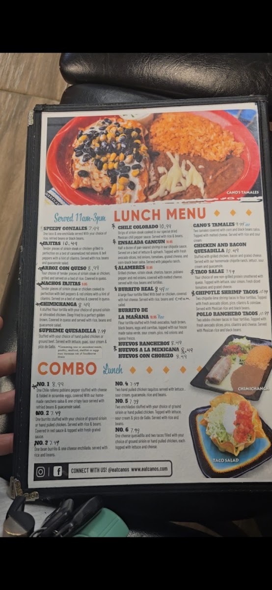 Cano's Burrito & Taco Shop. menu board