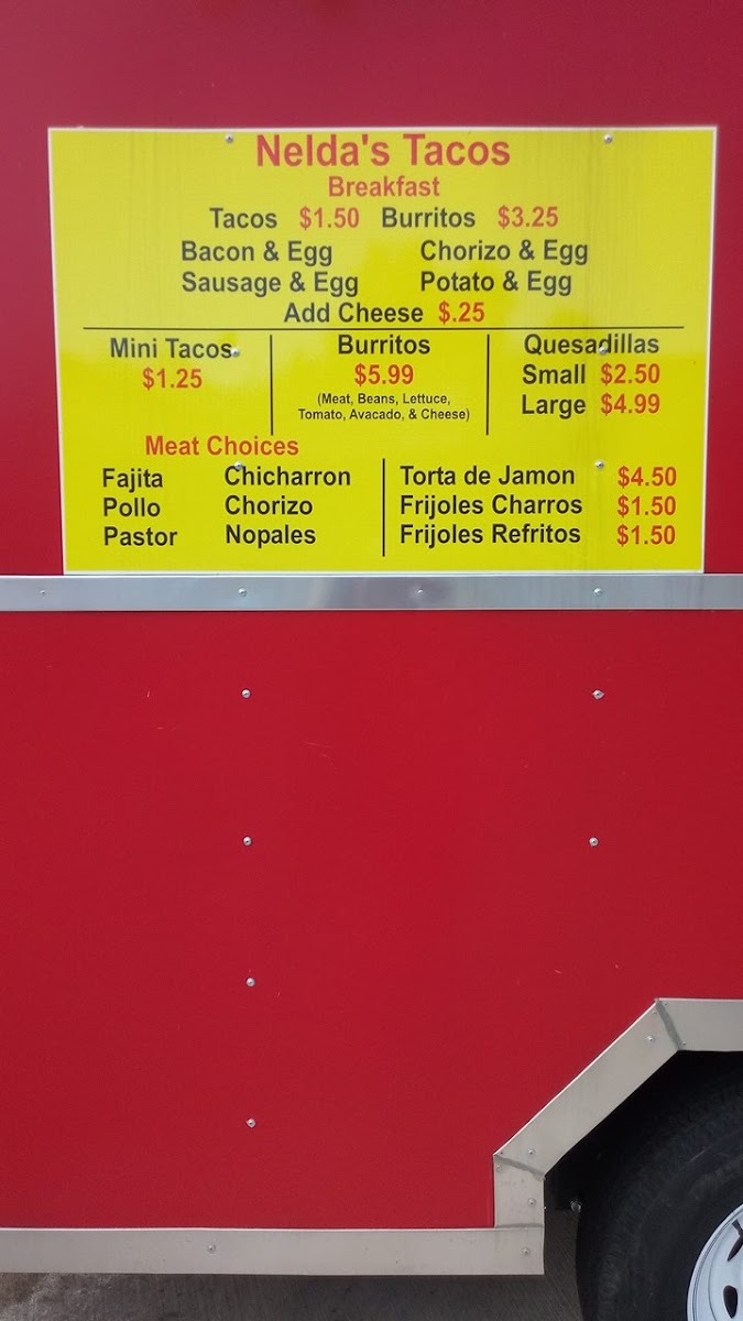 Nelda's Tacos menu board