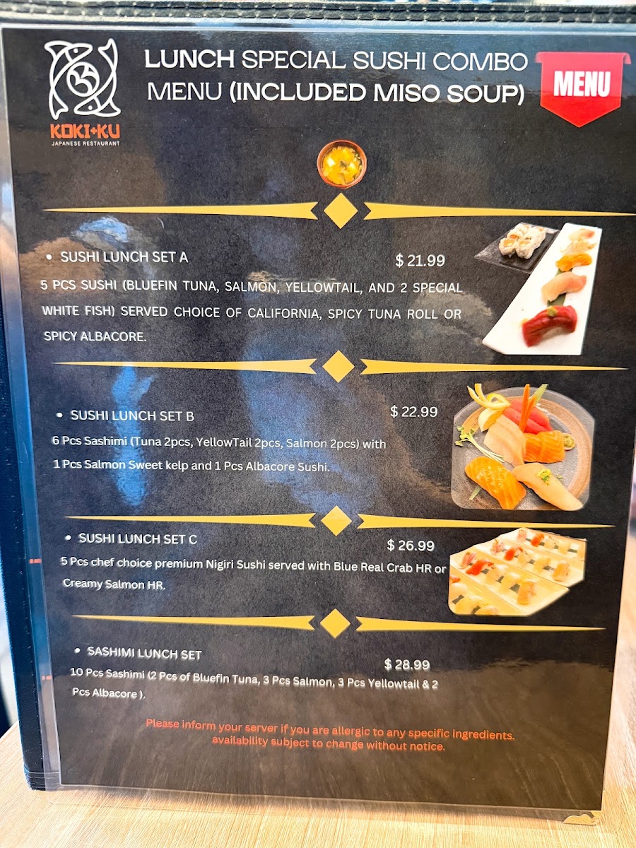 KOKI+KU SUSHI, RAMEN & UDON menu board