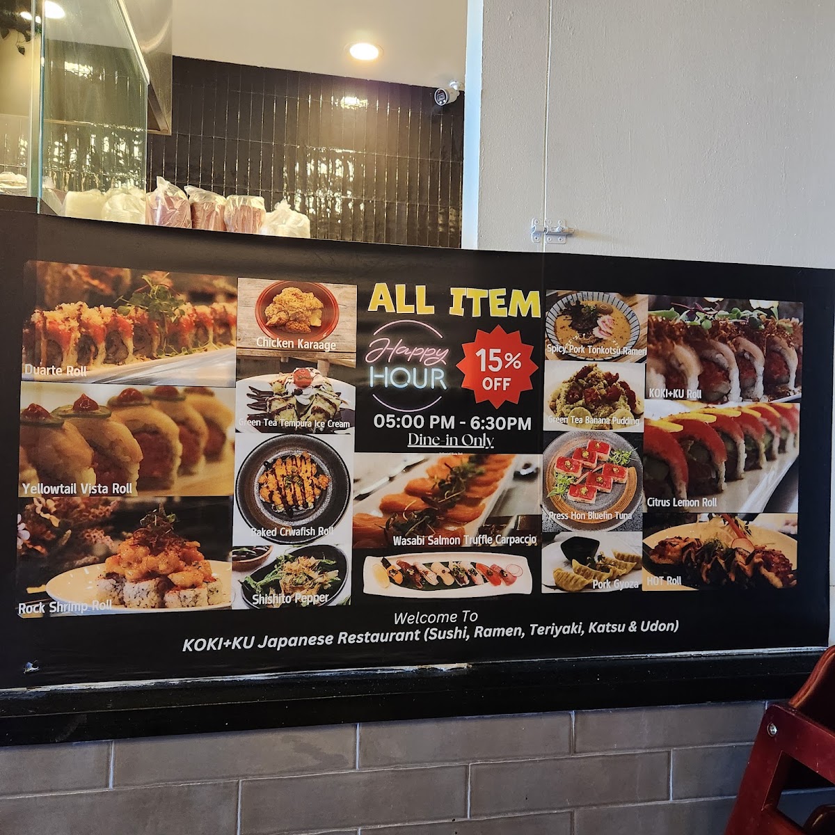 KOKI+KU SUSHI, RAMEN & UDON menu board