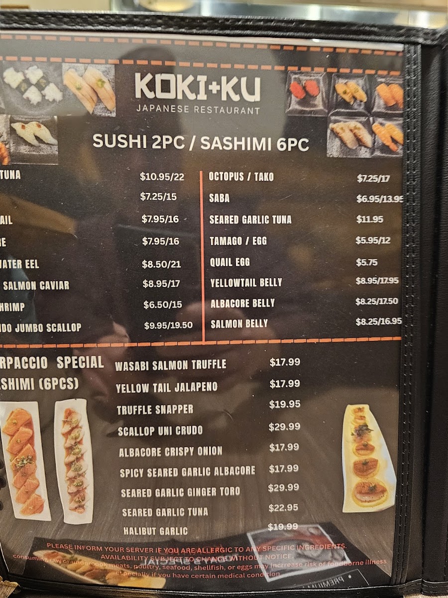 KOKI+KU SUSHI, RAMEN & UDON menu board