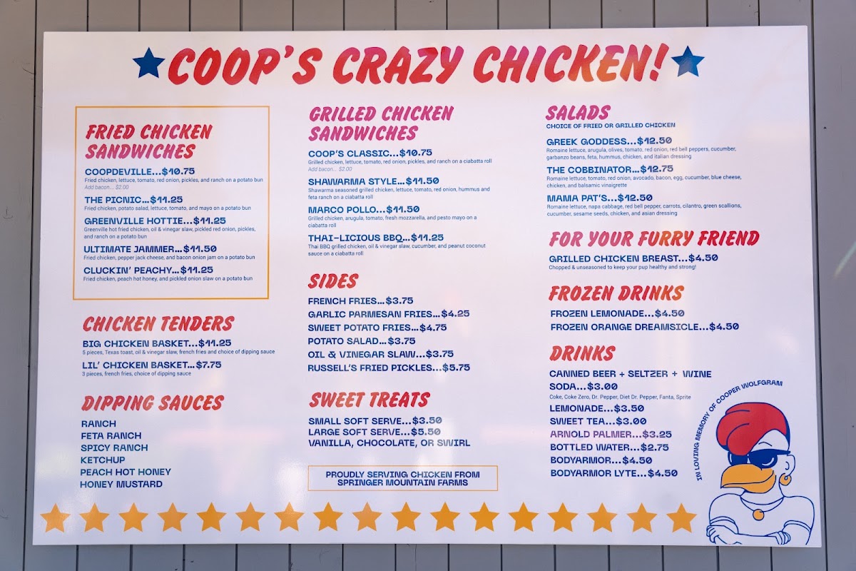 Coop's Crazy Chicken! menu board