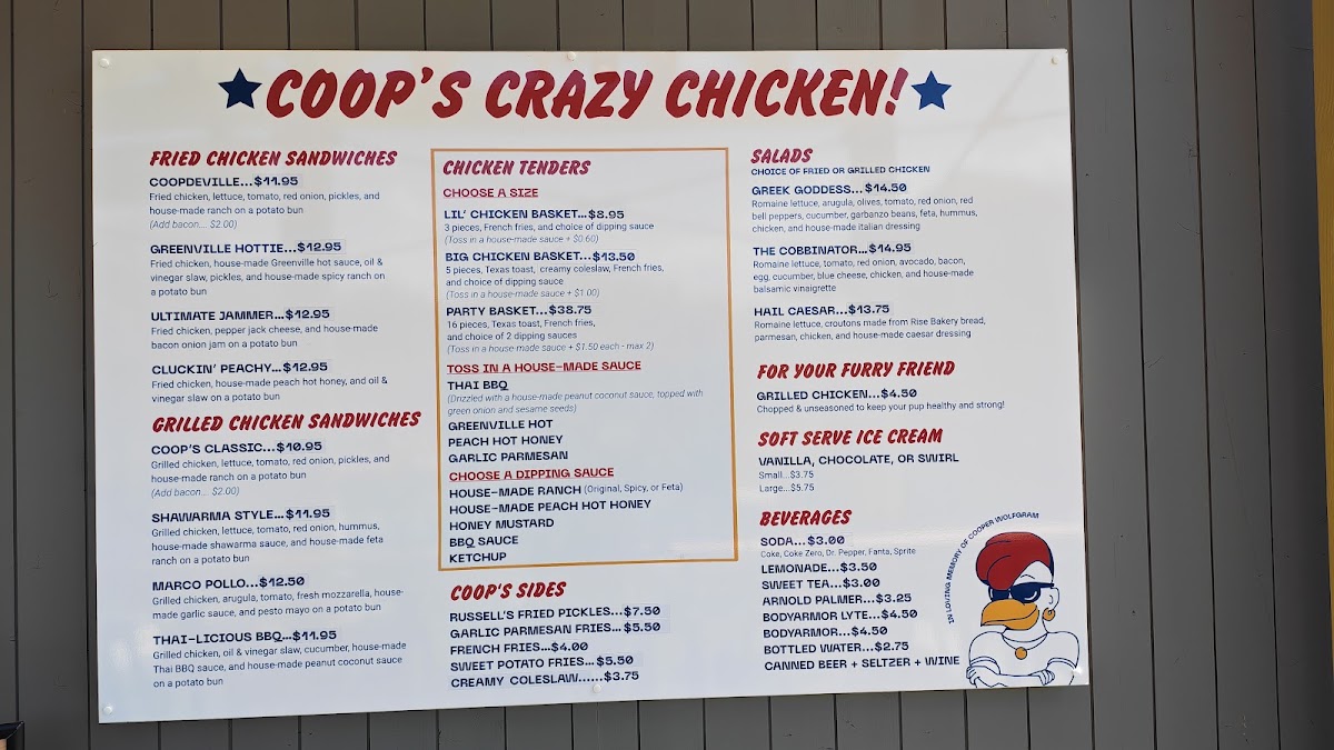 Coop's Crazy Chicken! menu board
