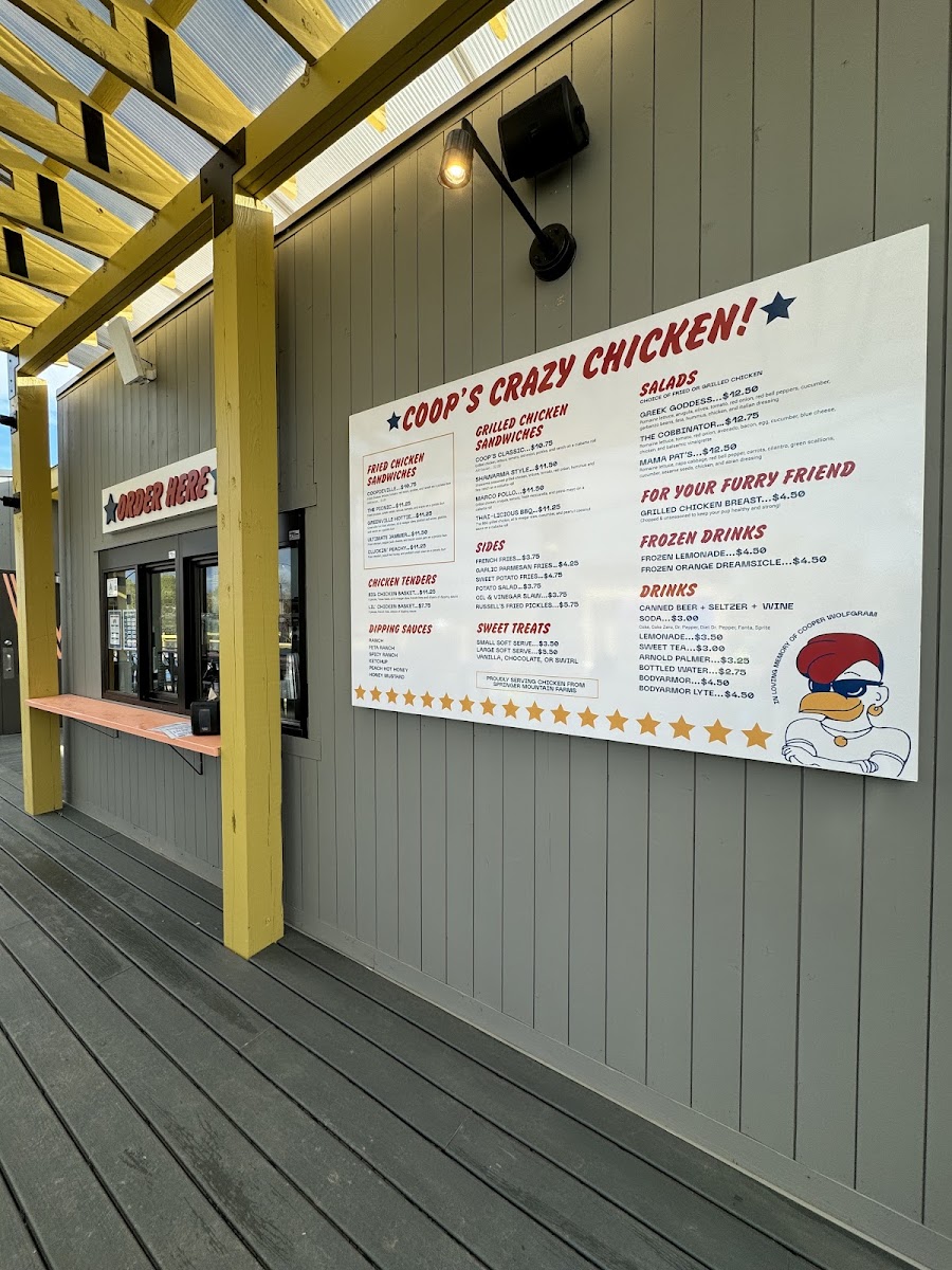Coop's Crazy Chicken! menu board