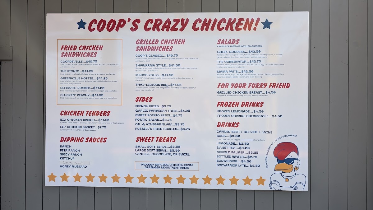 Coop's Crazy Chicken! menu board