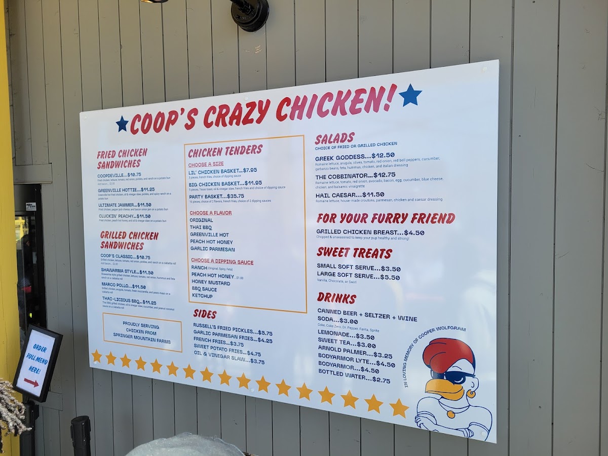 Coop's Crazy Chicken! menu board