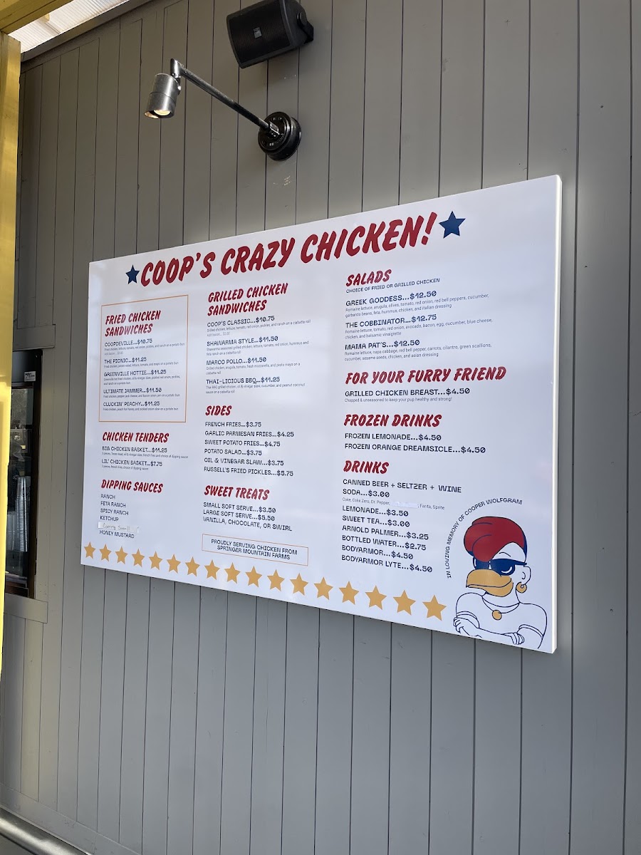 Coop's Crazy Chicken! menu board