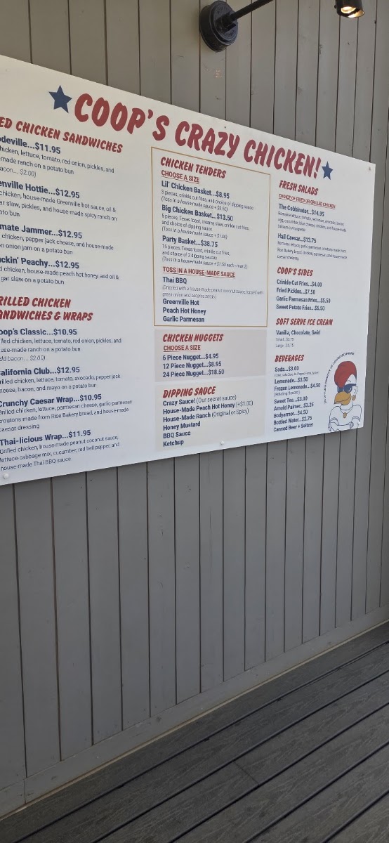 Coop's Crazy Chicken! menu board