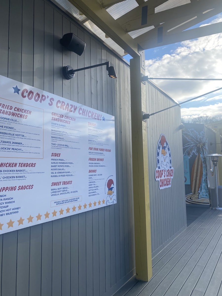 Coop's Crazy Chicken! menu board