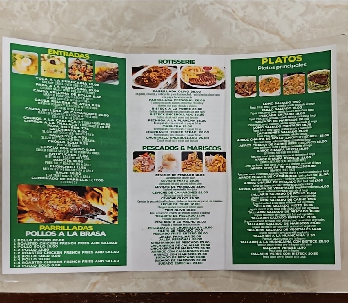 OLIVOS RESTAURANT menu board