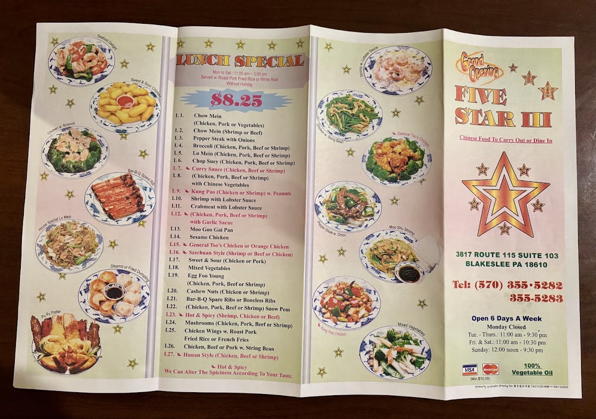 Five Star III menu board