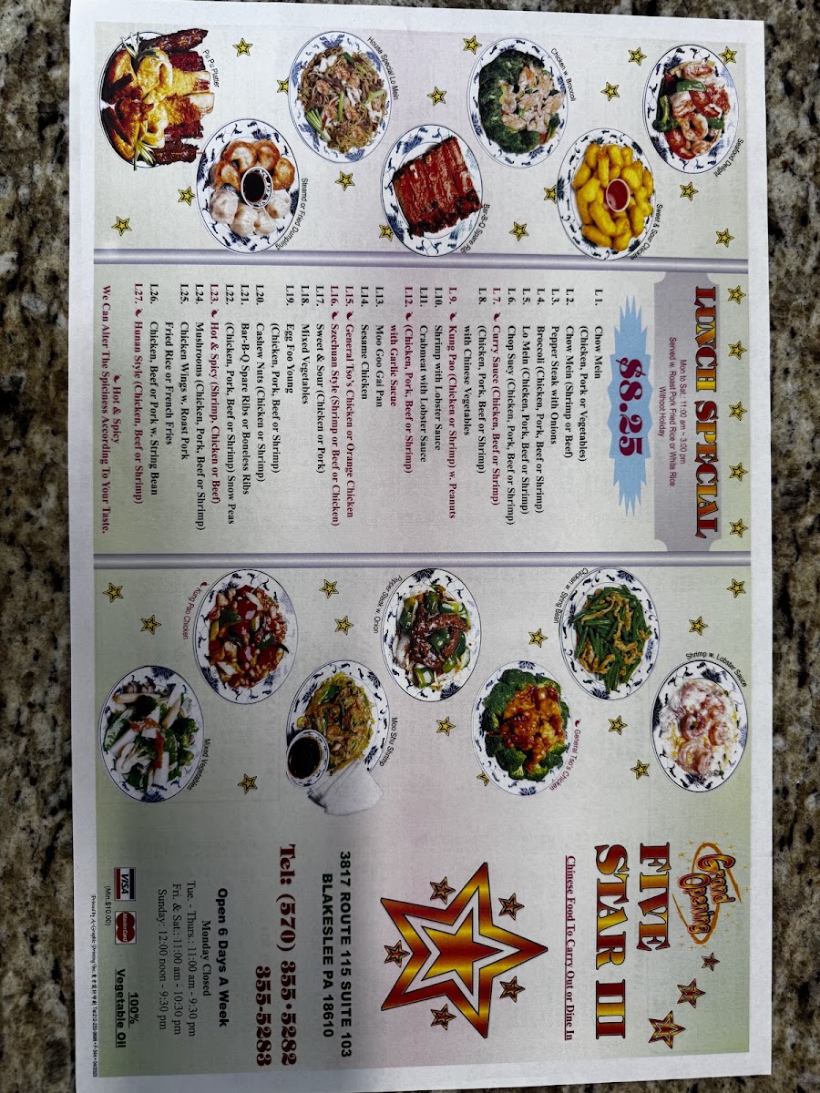 Five Star III menu board
