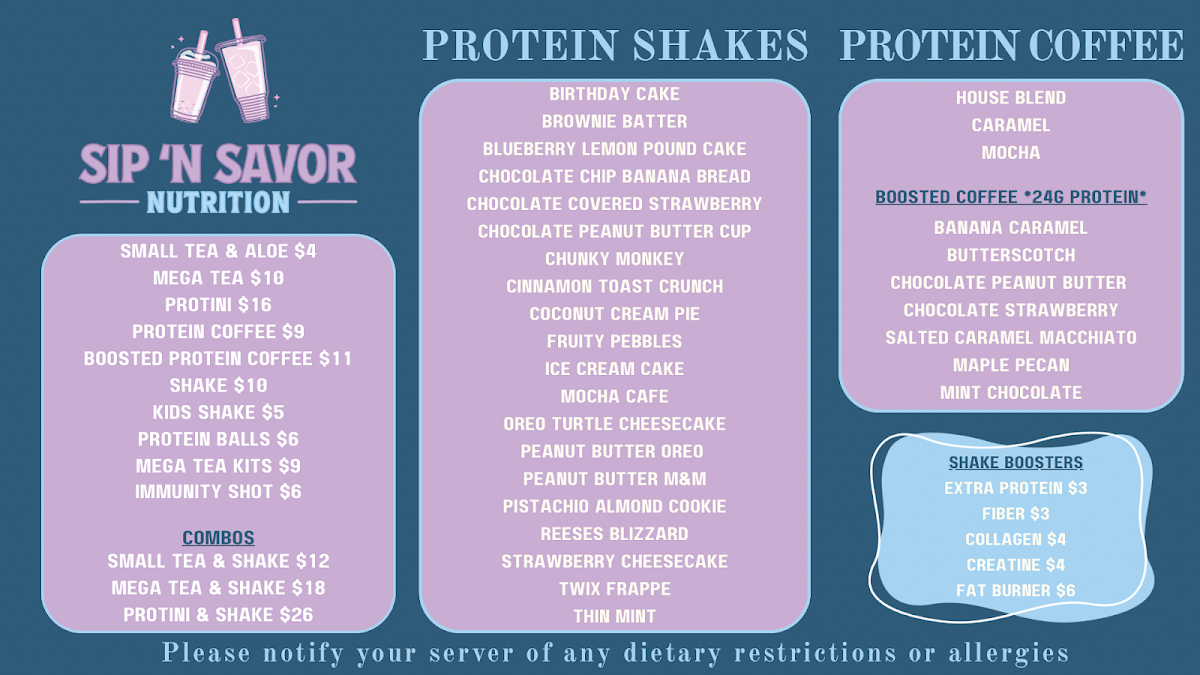 Sip ‘N Savor Nutrition menu board