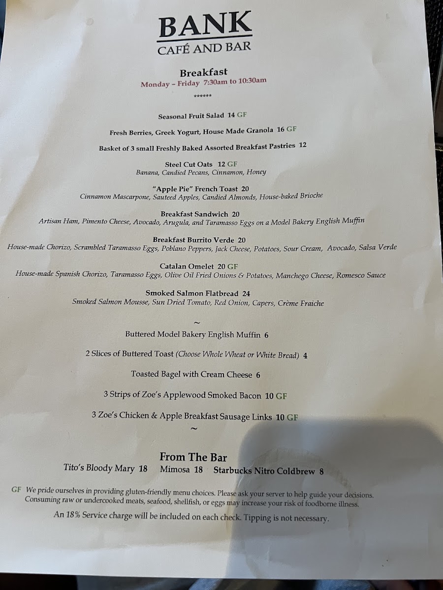 BANK Café and Bar menu board