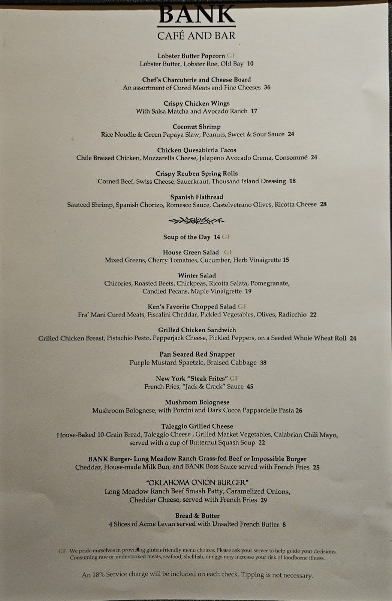 BANK Café and Bar menu board