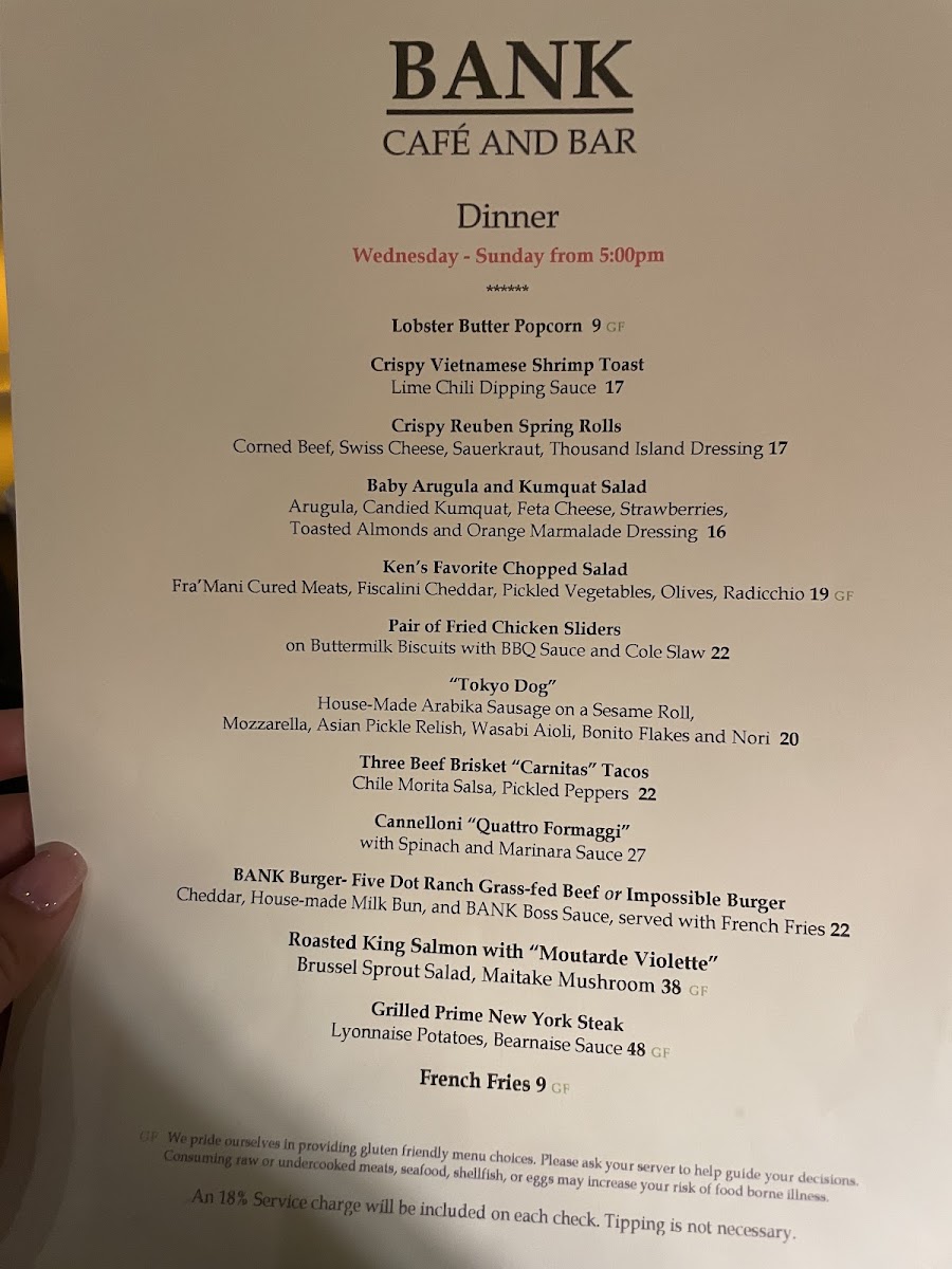 BANK Café and Bar menu board