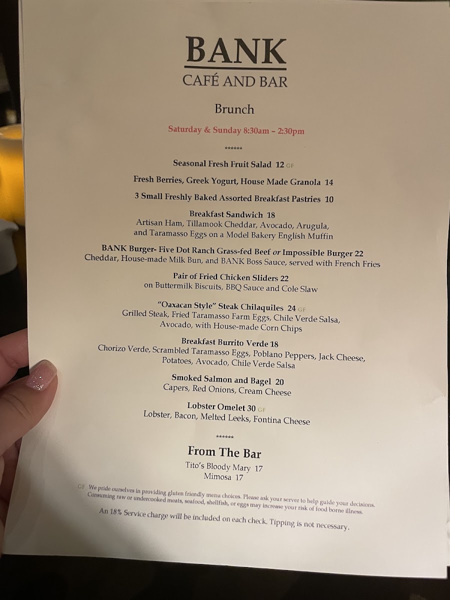 BANK Café and Bar menu board
