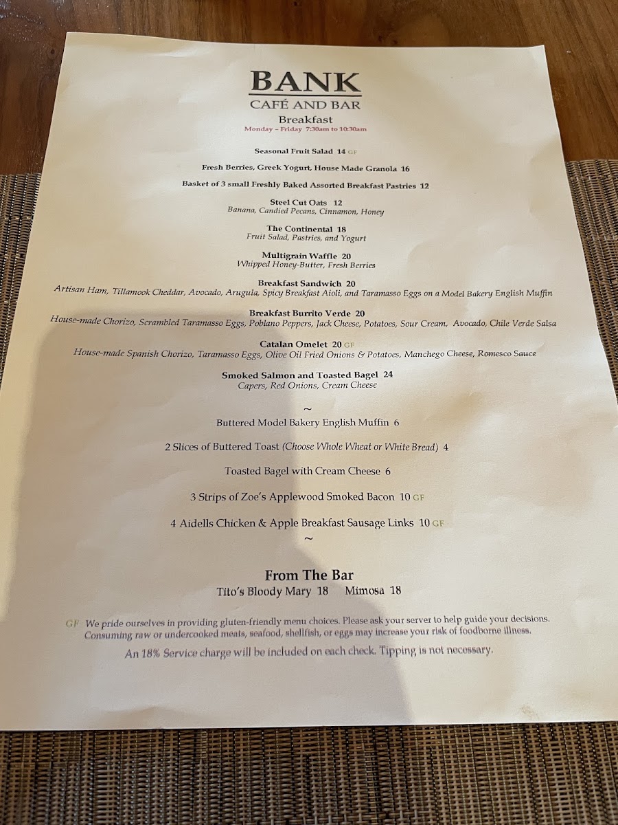 BANK Café and Bar menu board