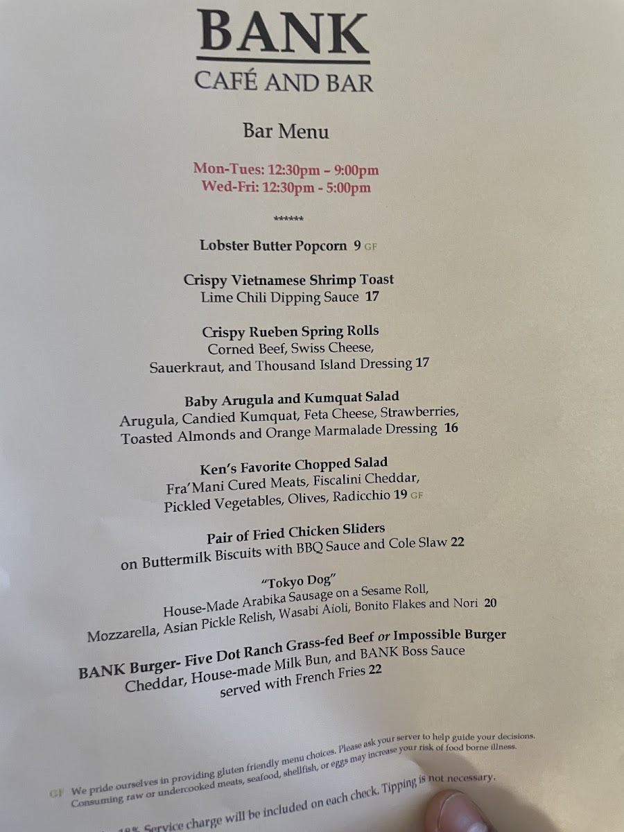 BANK Café and Bar menu board