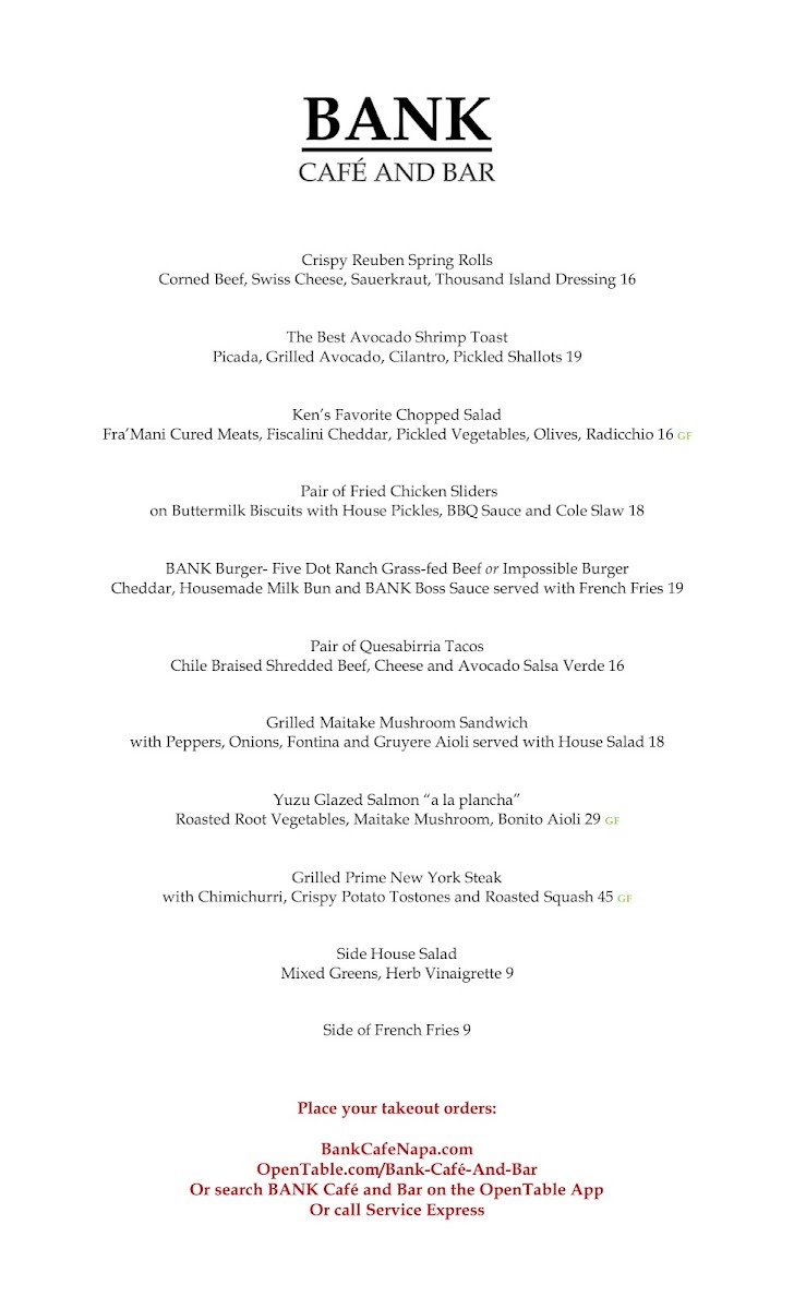 BANK Café and Bar menu board