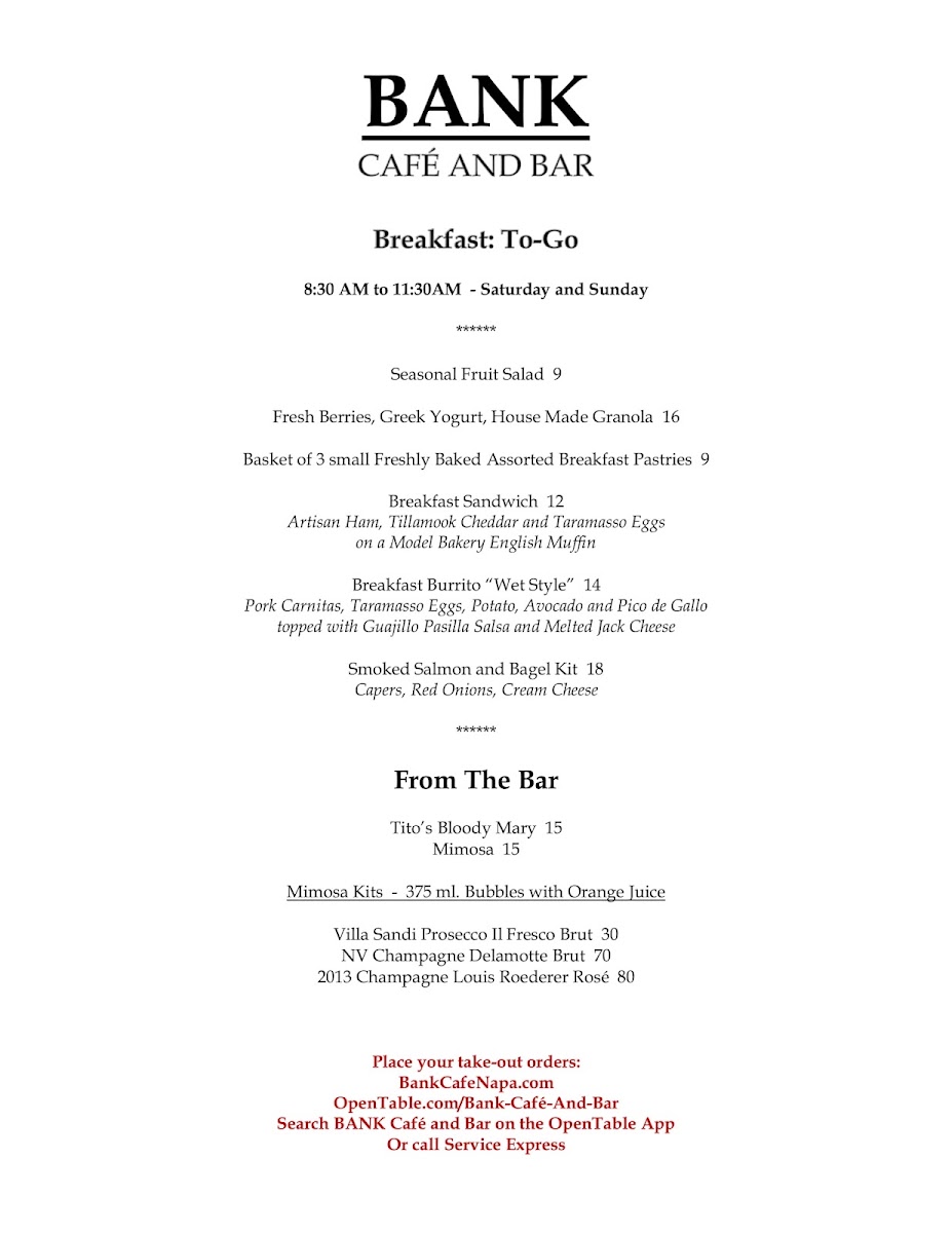 BANK Café and Bar menu board