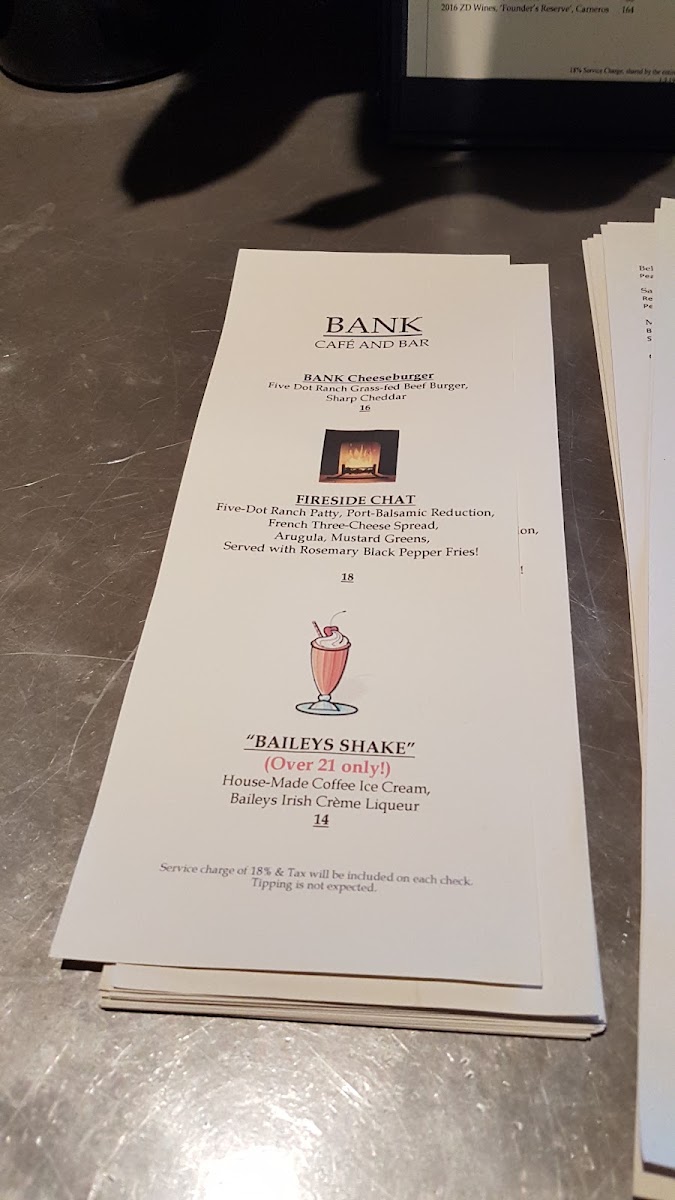 BANK Café and Bar menu board