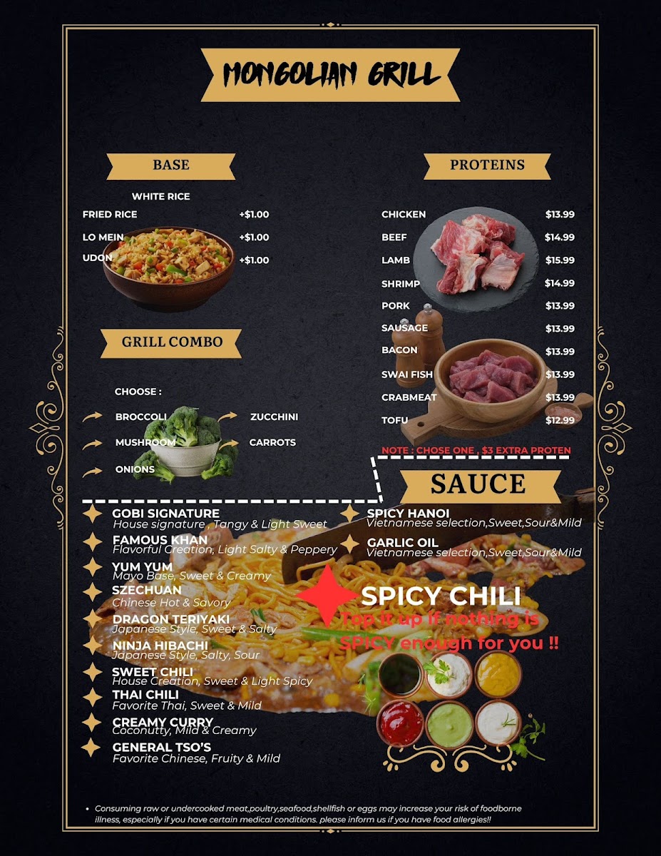 Gobi Hotpot & Mongolian Grill menu board