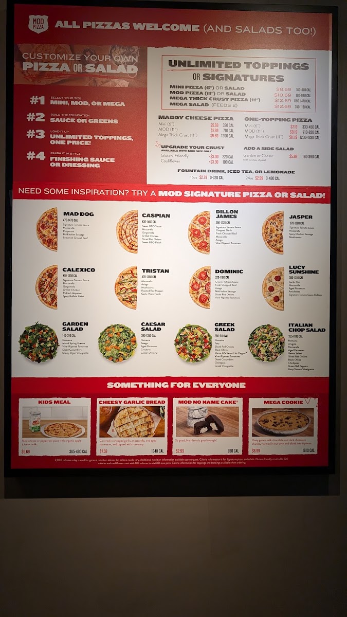MOD Pizza menu board
