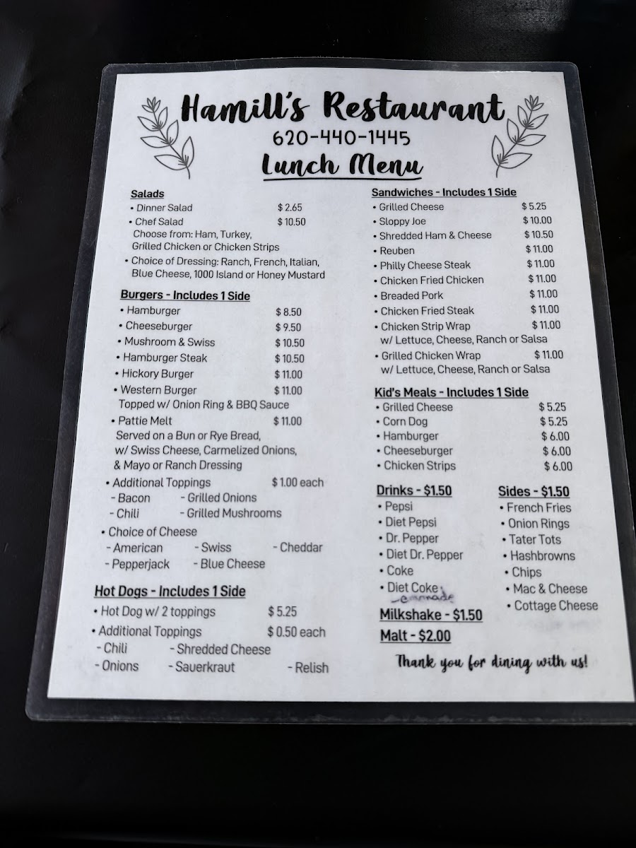Hamill's Restaurant menu board