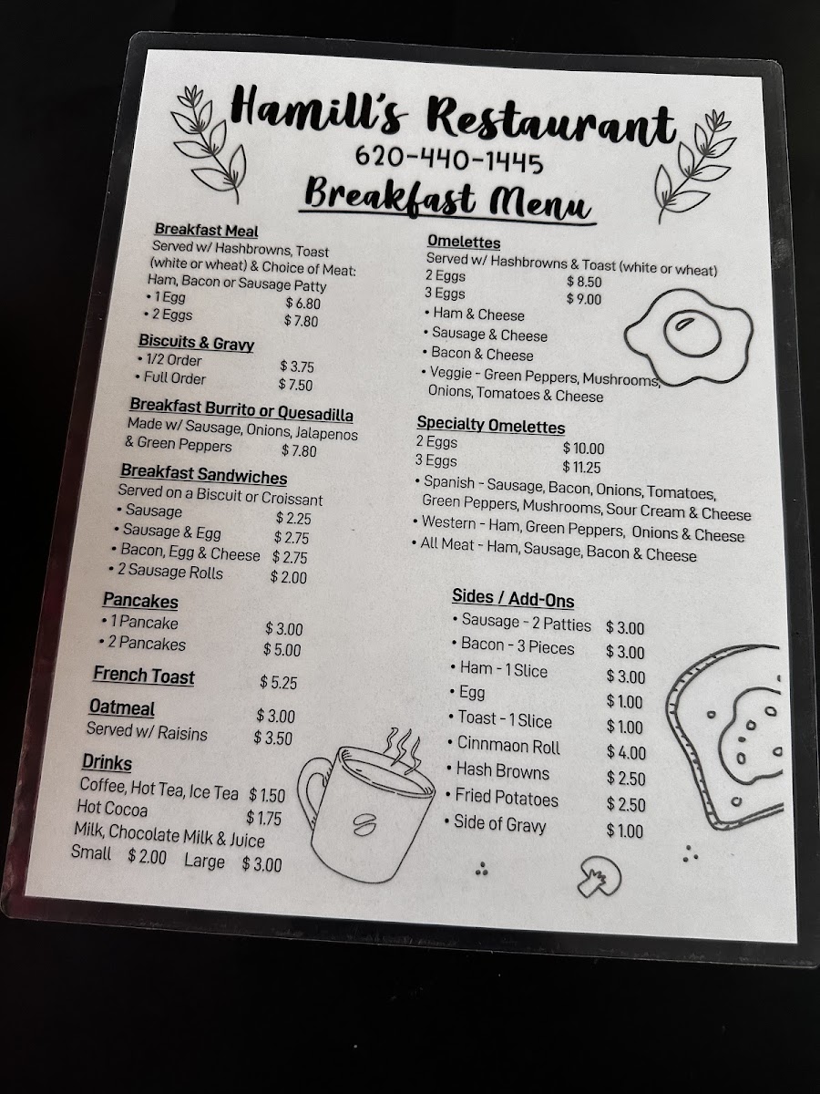 Hamill's Restaurant menu board