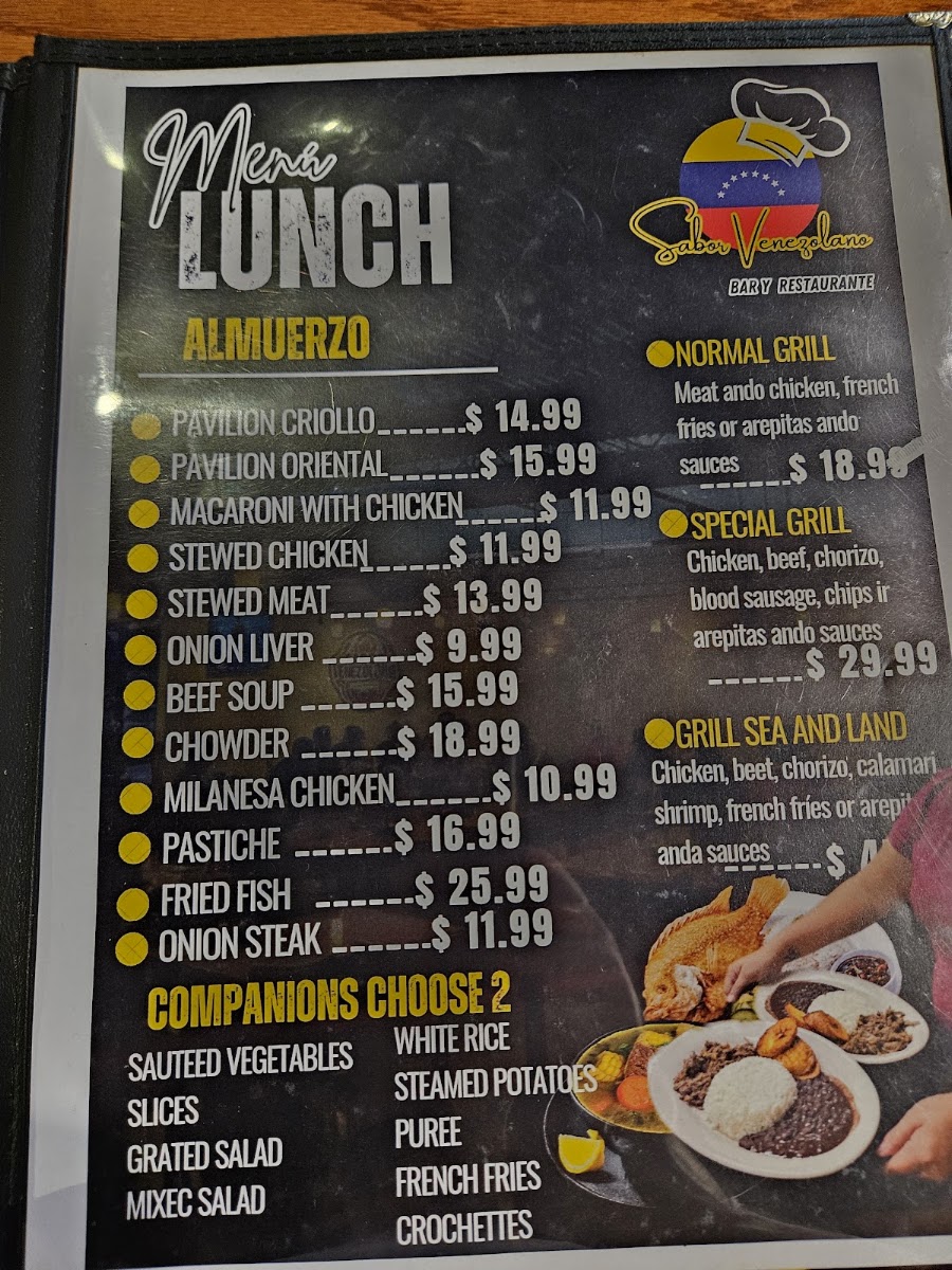 Sabor Venezolano Restaurant Bar menu board