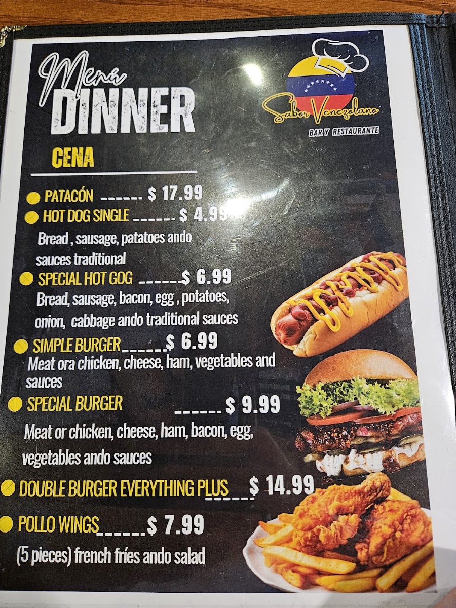 Sabor Venezolano Restaurant Bar menu board